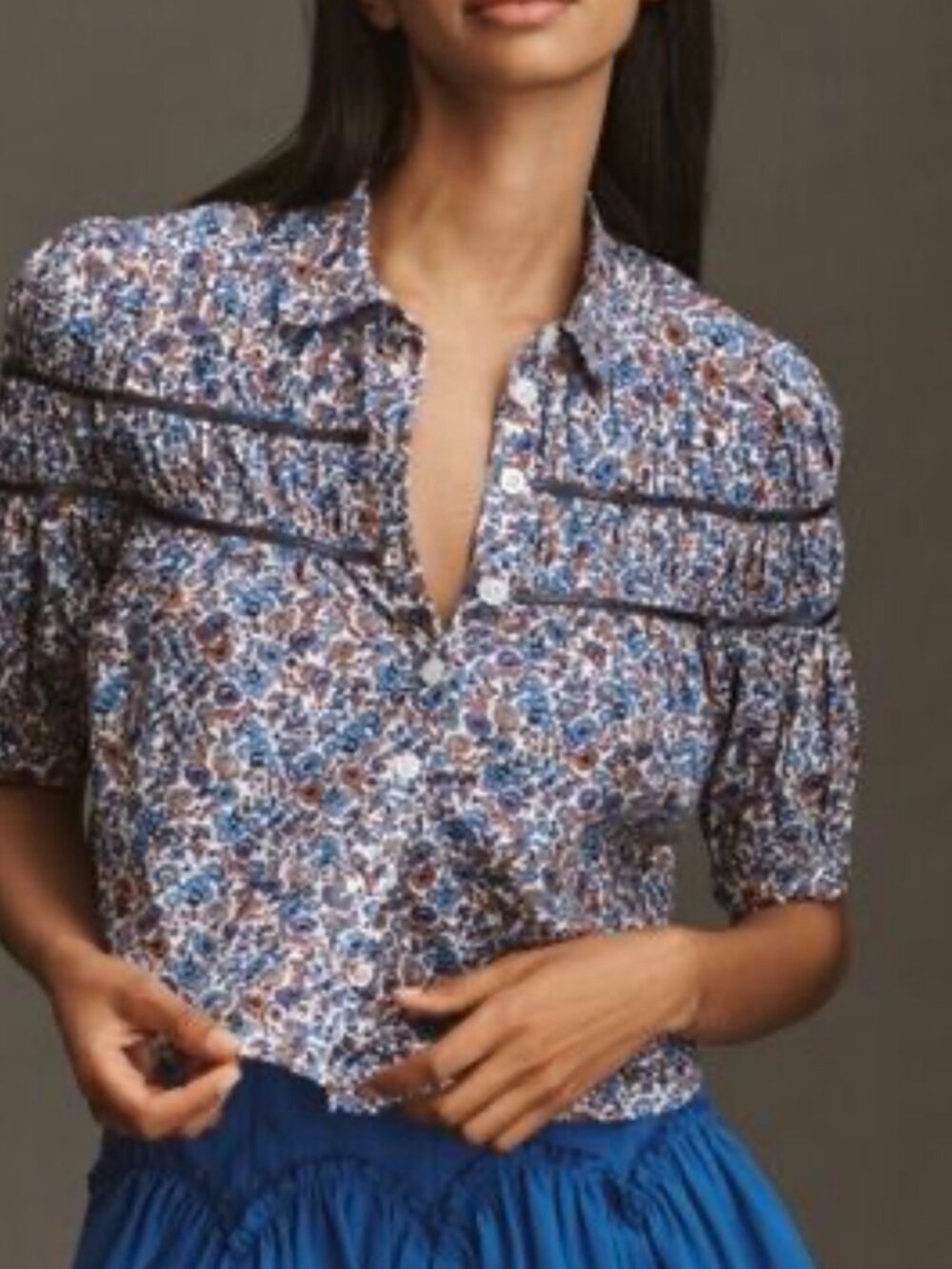 The Leandra Short-Sleeve Shirred Yoke Blouse by Maeve